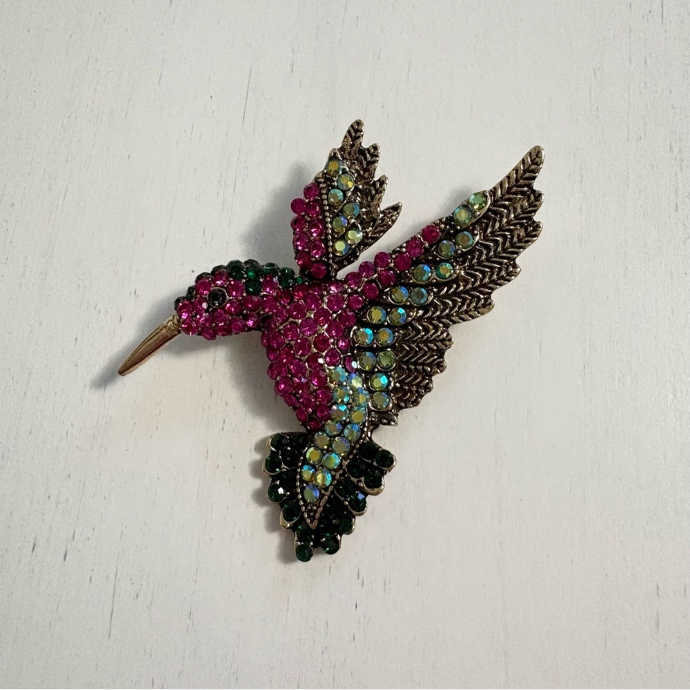 Vintage Pink Rhinestone Hummingbird Brooch Pin Cocktail Brass Tone - Picture 6 of 6